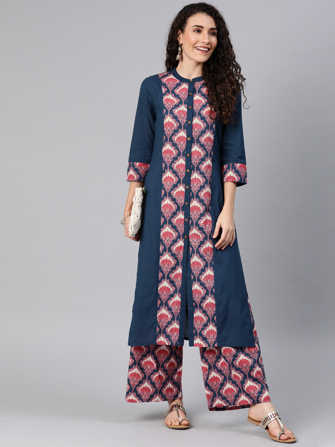 

Anouk Women Navy Blue & Pink Printed Kurta with Palazzos