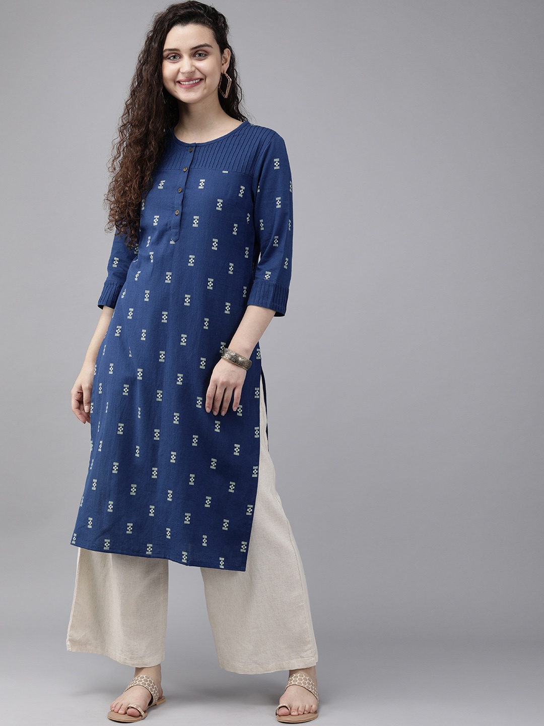 

Anouk Women Navy Blue & White Printed Straight Kurta