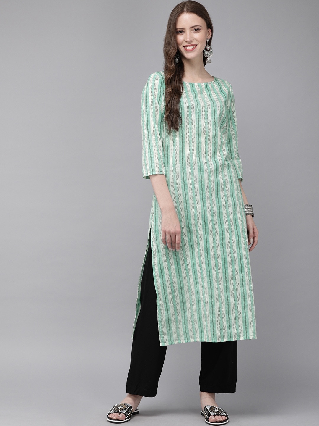 

Anouk Women Sea Green & Off-White Striped Straight Kurta