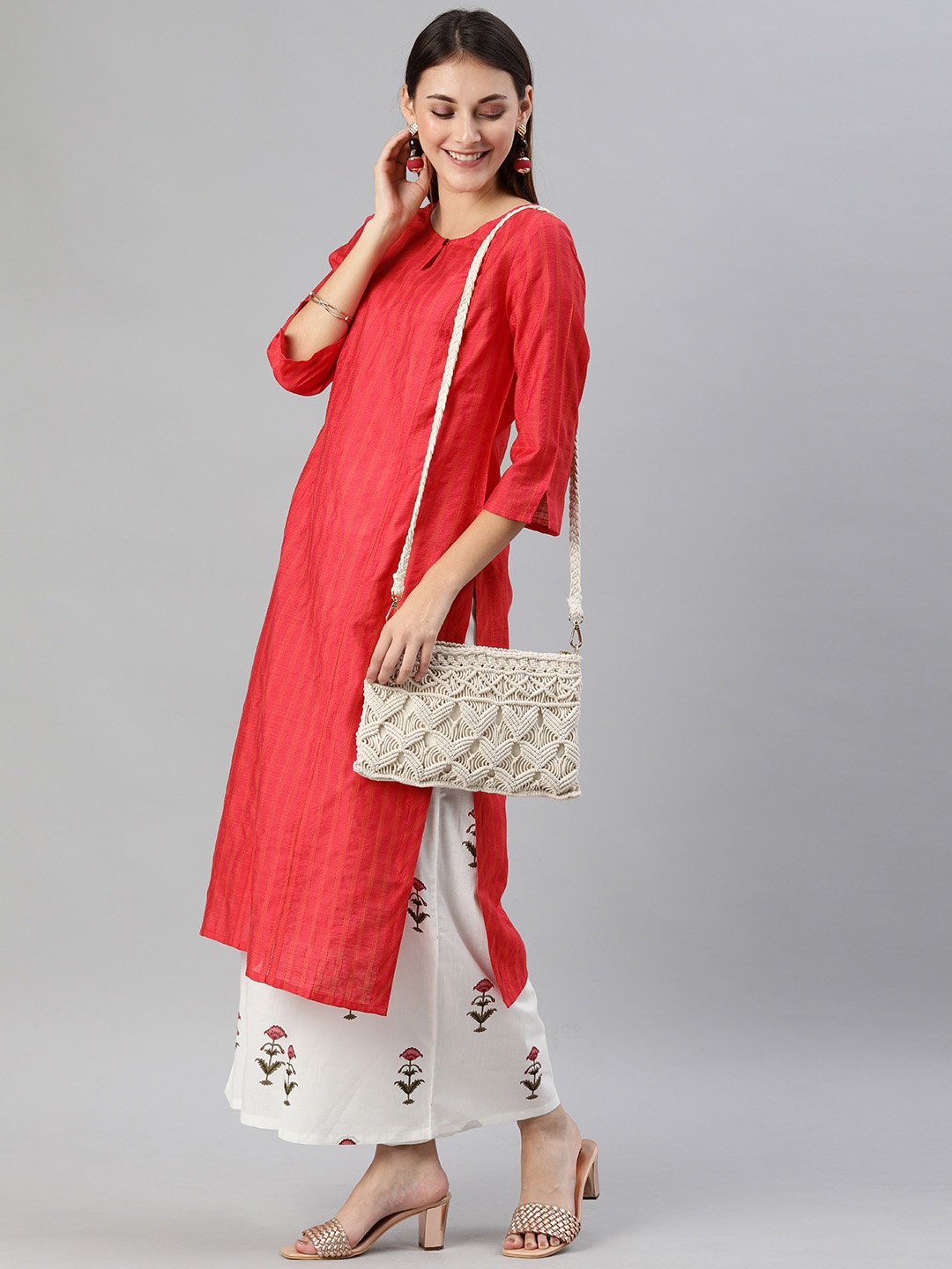 

Anouk Women Red & Orange Striped Straight Kurta