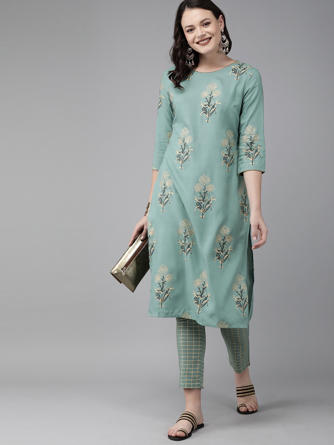 Anouk Women Sea Green & Gold-Toned Printed Kurta with Trousers