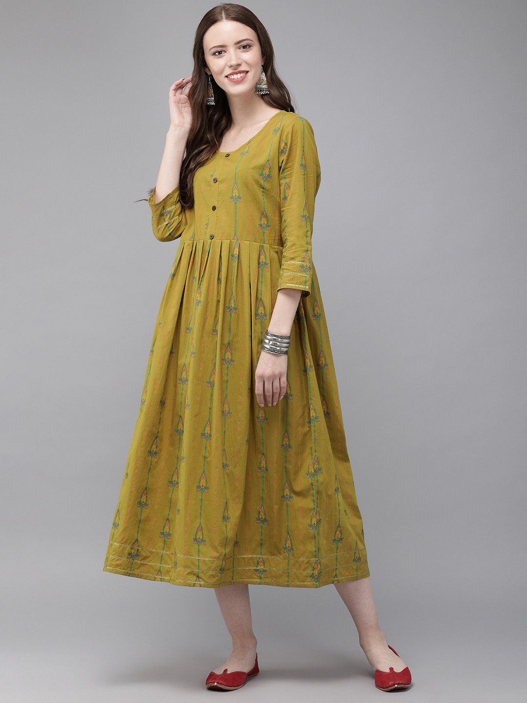 

Anouk Women Mustard Yellow & Green Printed A-Line Kurta