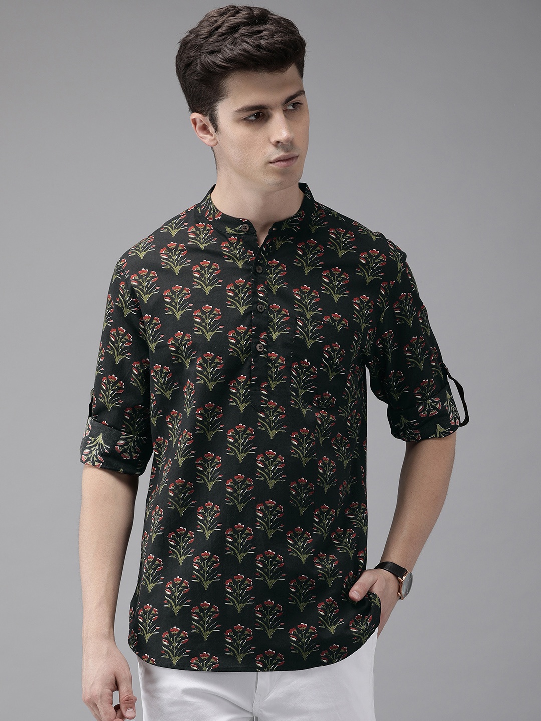 

Anouk Men Black & Olive Green Printed Straight Kurta