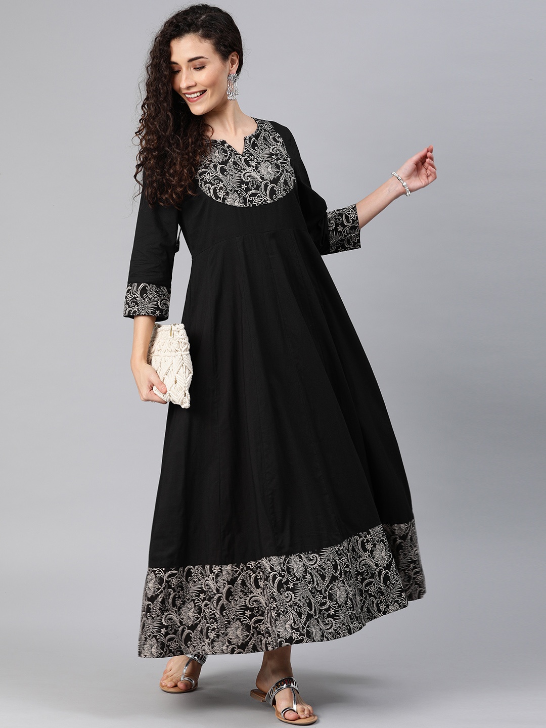 

Anouk Women Black & White Floral Yoke Design A-Line Fusion Kurta