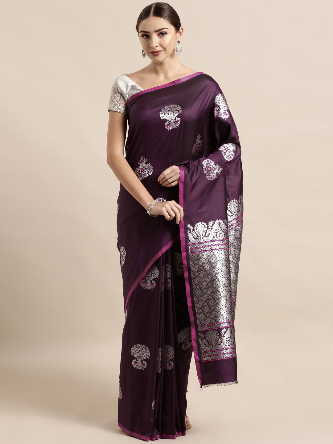

VASTRANAND Burgundy Silk Blend Woven Design Banarasi Saree