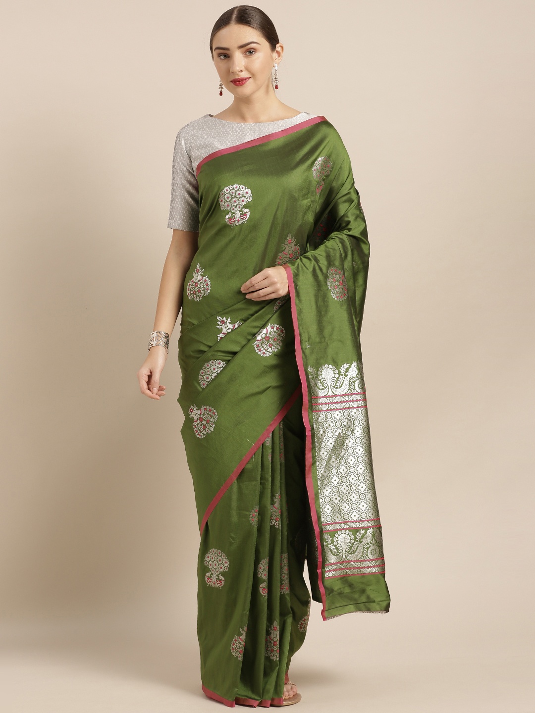 

VASTRANAND Olive Green Silk Blend Woven Design Banarasi Saree