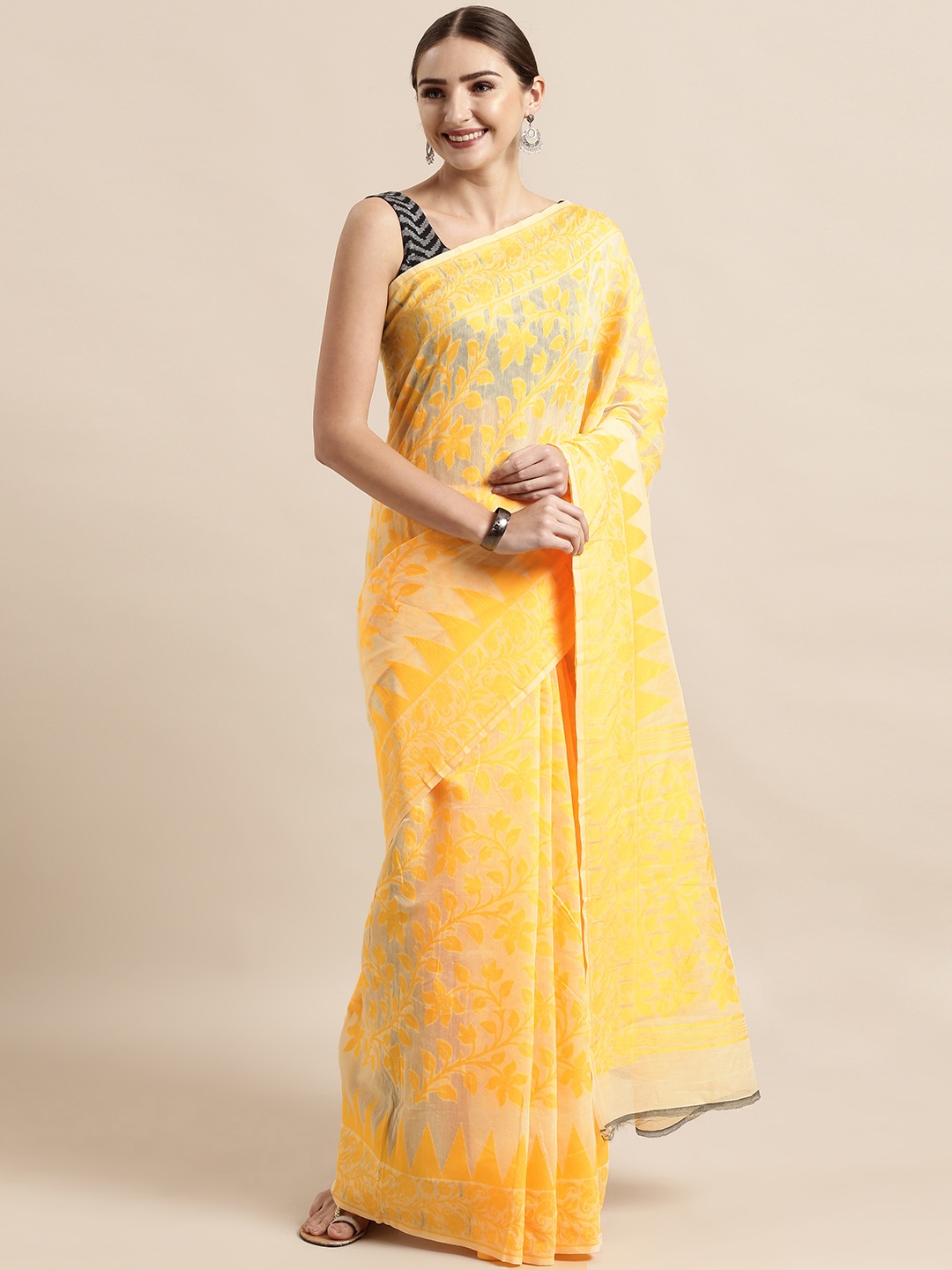 

VASTRANAND Cream-Coloured & Yellow Silk Cotton Woven Design Jamdani Saree