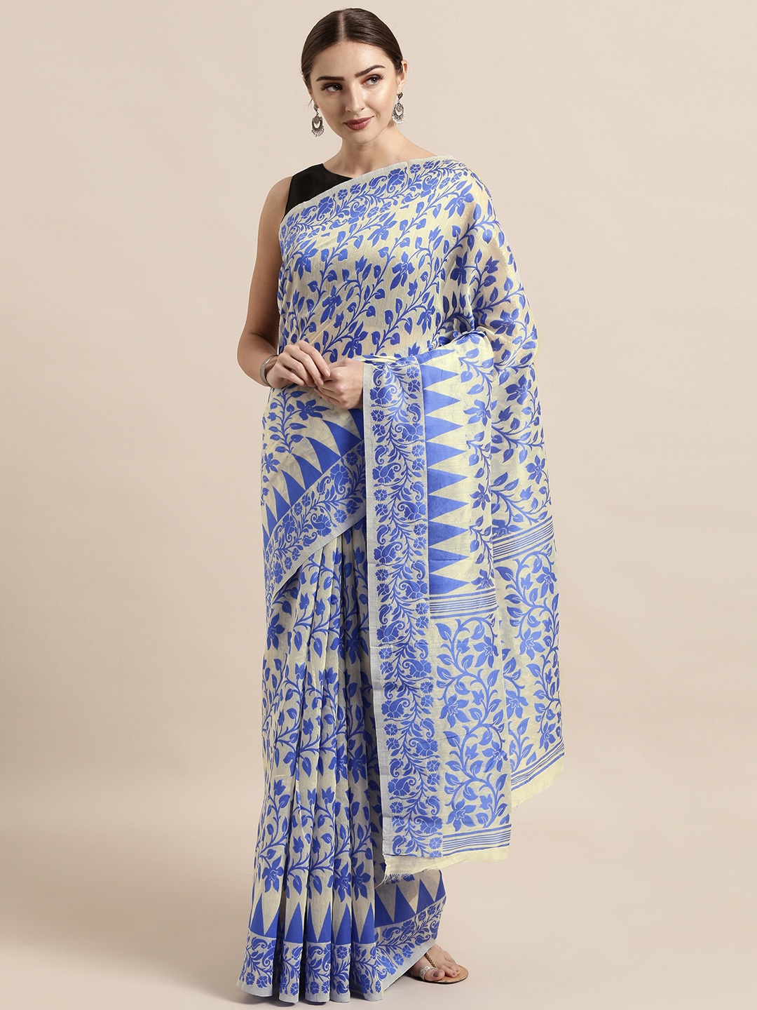 

VASTRANAND Cream-Coloured & Blue Silk Cotton Woven Design Jamdani Saree