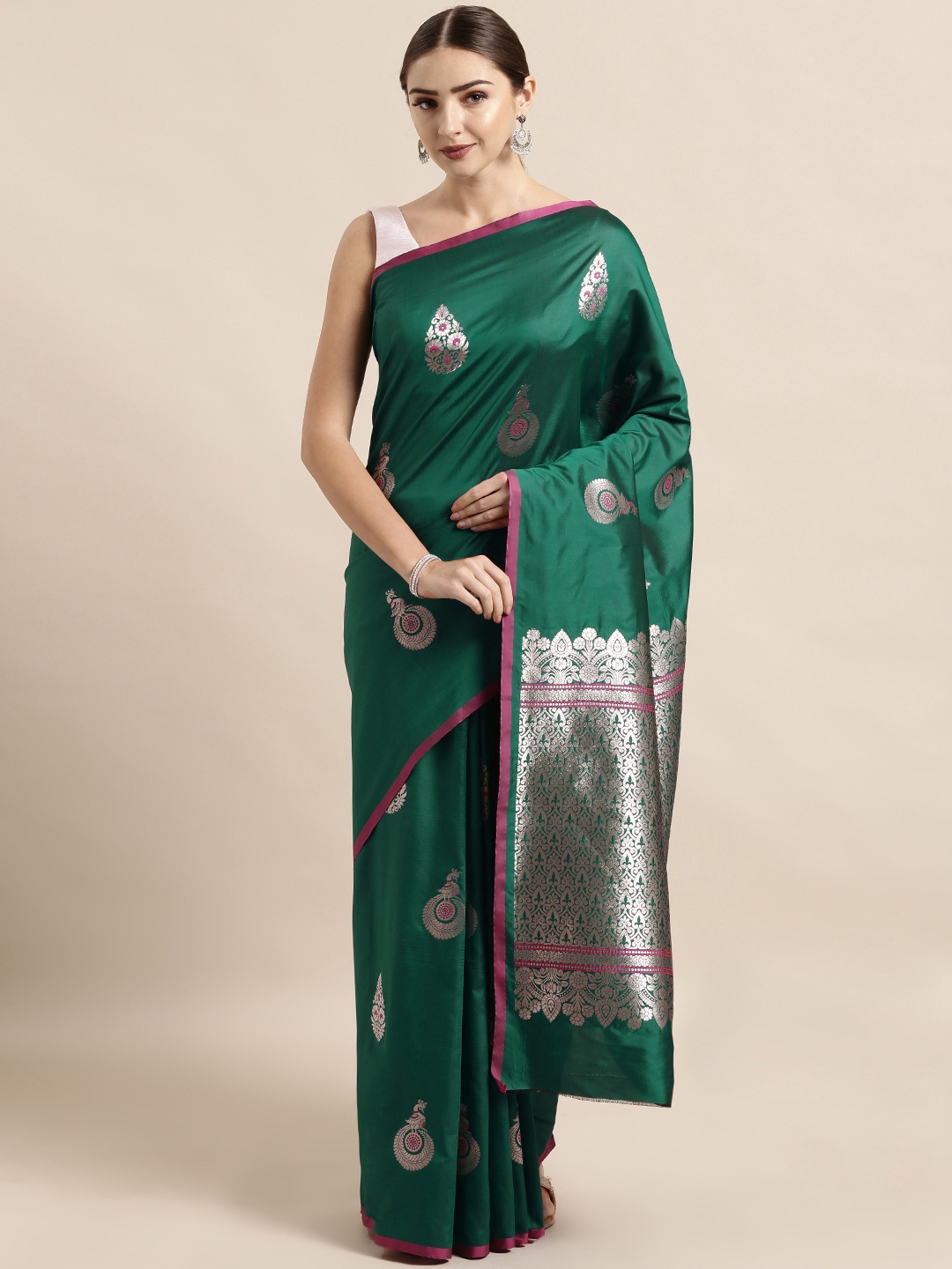 

VASTRANAND Teal Green & Silver-Toned Silk Blend Woven Design Banarasi Saree