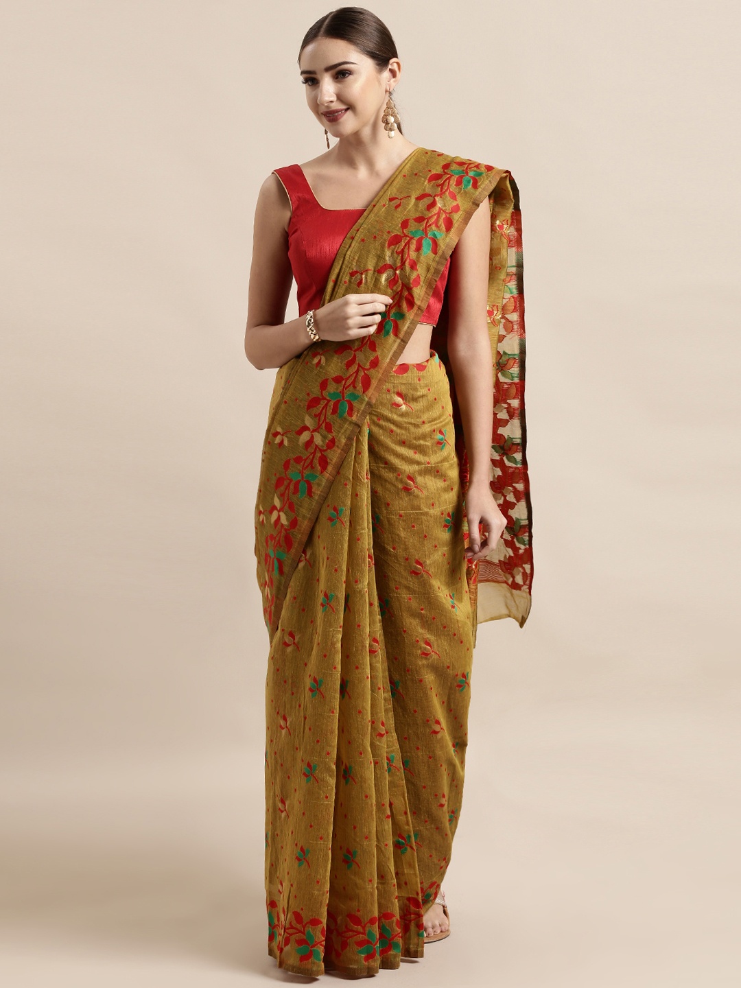 

VASTRANAND Mustard Yellow & Red Silk Cotton Woven Design Jamdani Saree