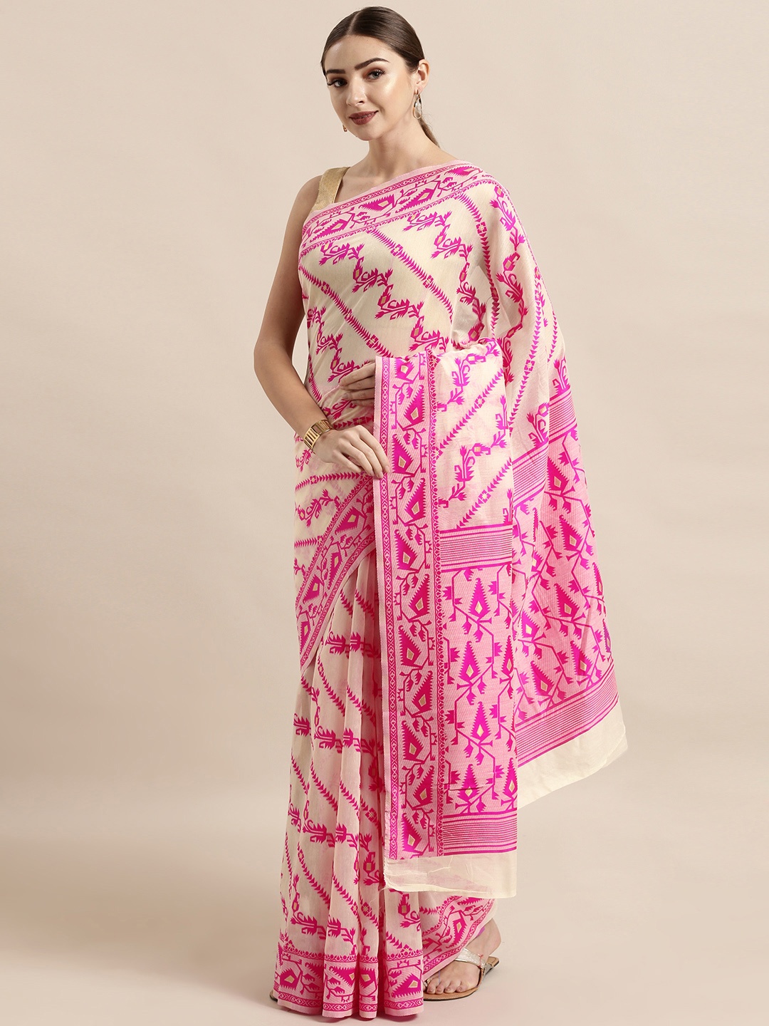 

VASTRANAND Cream-Coloured & Pink Silk Cotton Woven Design Jamdani Saree