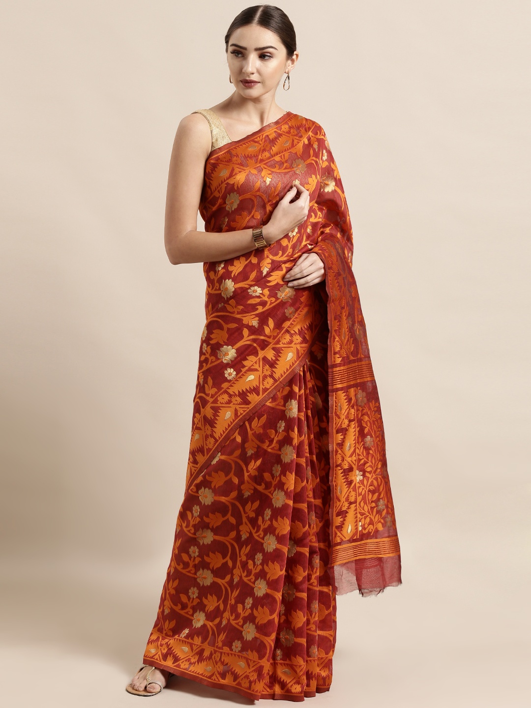 

VASTRANAND Maroon & Orange Silk Cotton Woven Design Jamdani Saree