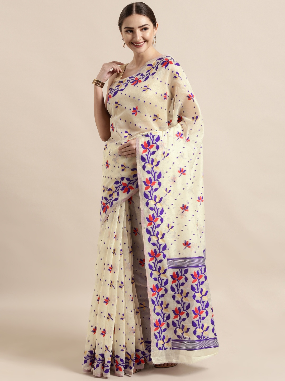 

VASTRANAND Cream-Coloured & Purple Silk Cotton Woven Design Jamdani Saree