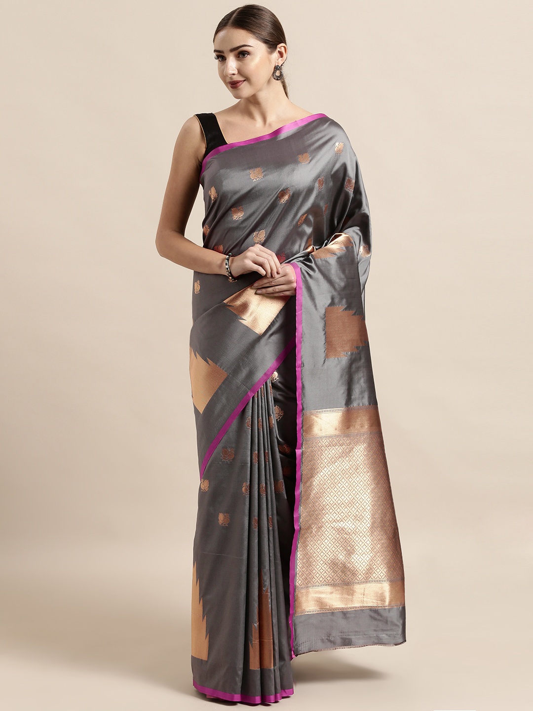 

VASTRANAND Grey & Gold -Toned Silk Blend Woven Design Banarasi Saree