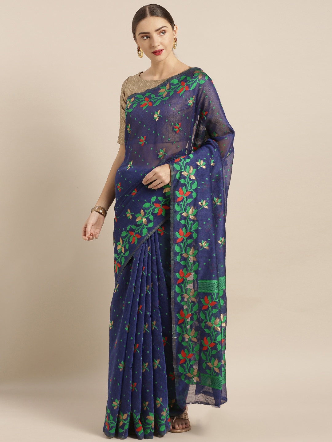 

VASTRANAND Navy Blue & Green Silk Cotton Woven Design Jamdani Saree