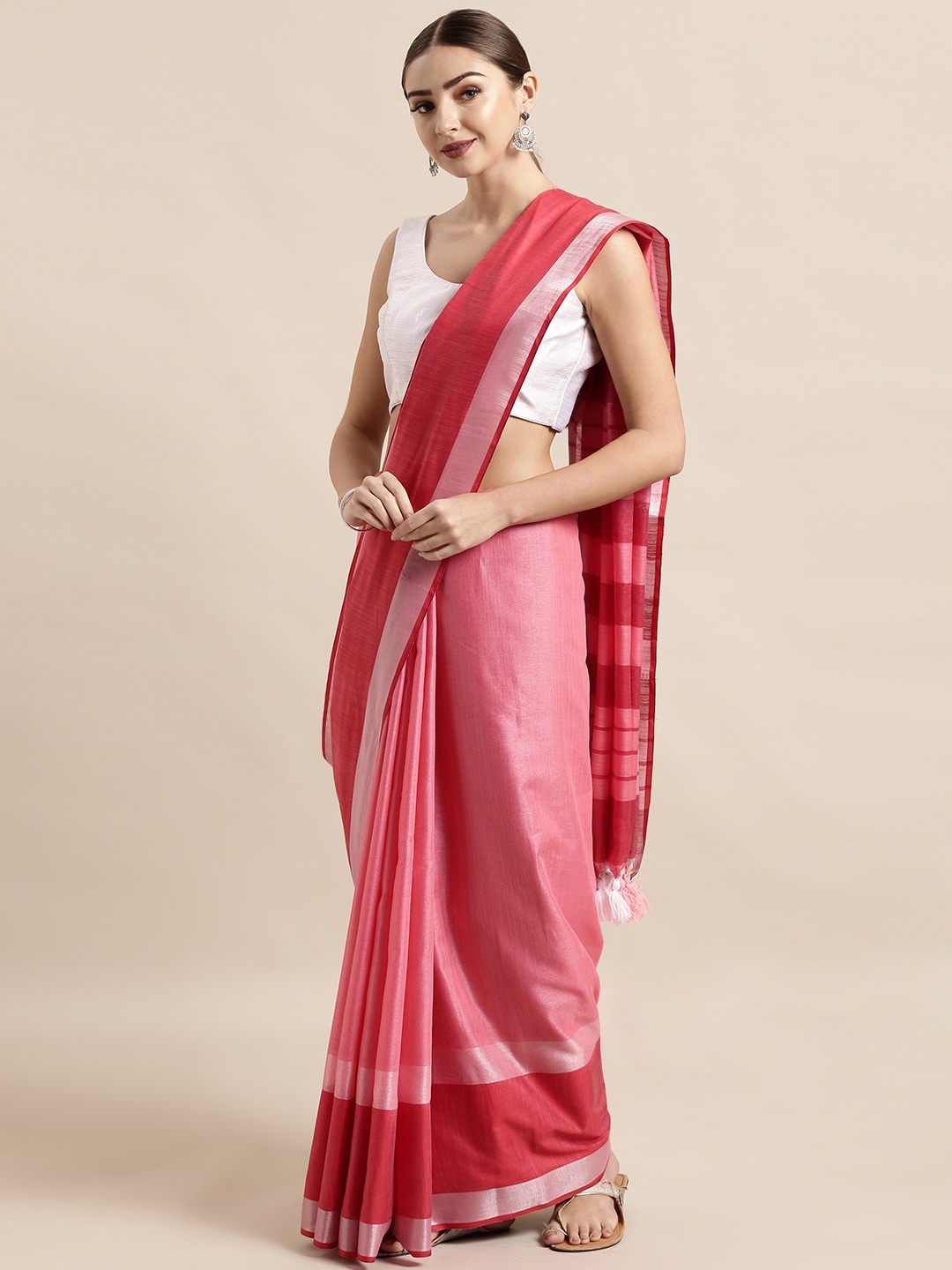 

VASTRANAND Pink Solid Linen Blend Saree