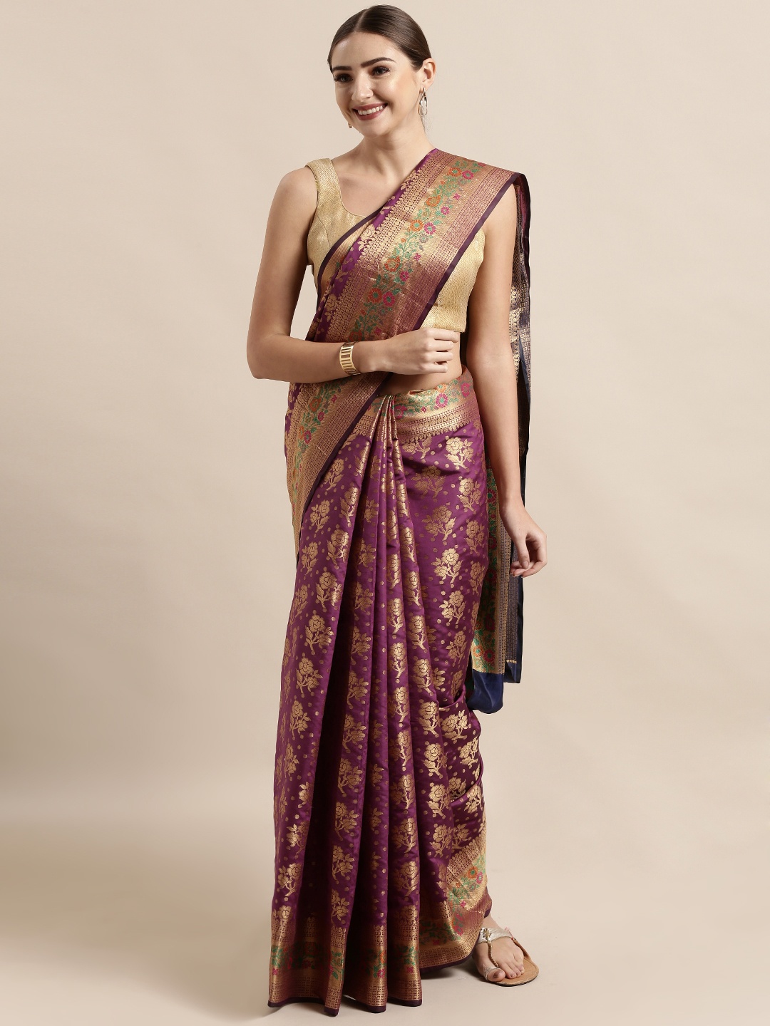 

VASTRANAND Burgundy Silk Blend Woven Design Banarasi Saree