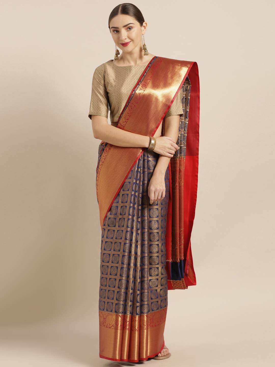 

VASTRANAND Navy Blue Silk Blend Woven Design Kanjeevaram Saree