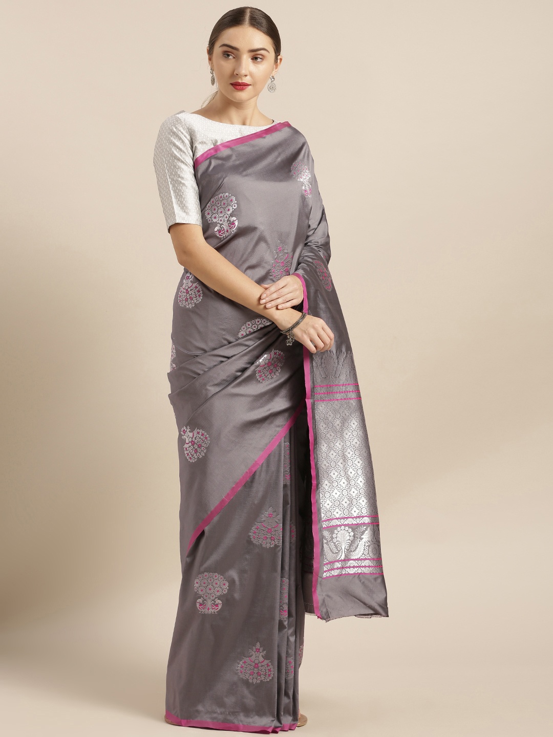 

VASTRANAND Grey Silk Blend Woven Design Banarasi Saree