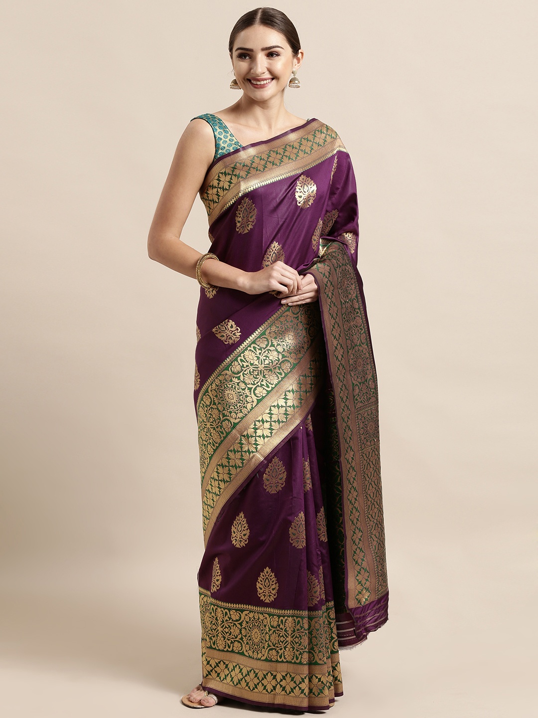 

VASTRANAND Magenta & Gold Silk Blend Woven Design Banarasi Saree