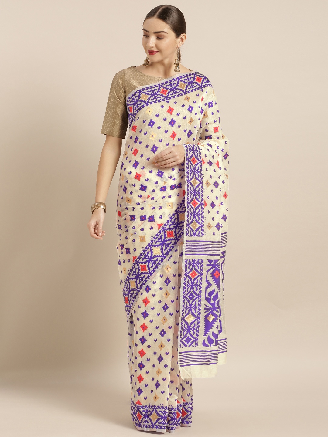 

VASTRANAND Cream-Coloured & Violet Silk Cotton Woven Design Jamdani Saree