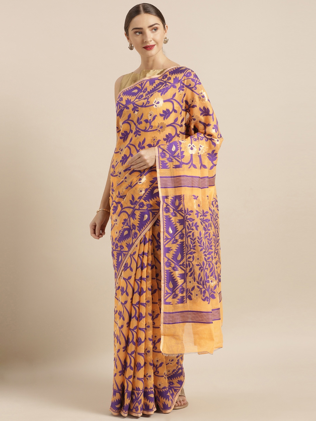 

VASTRANAND Jamdani Peach & Purple Cotton Silk Women's Sarees