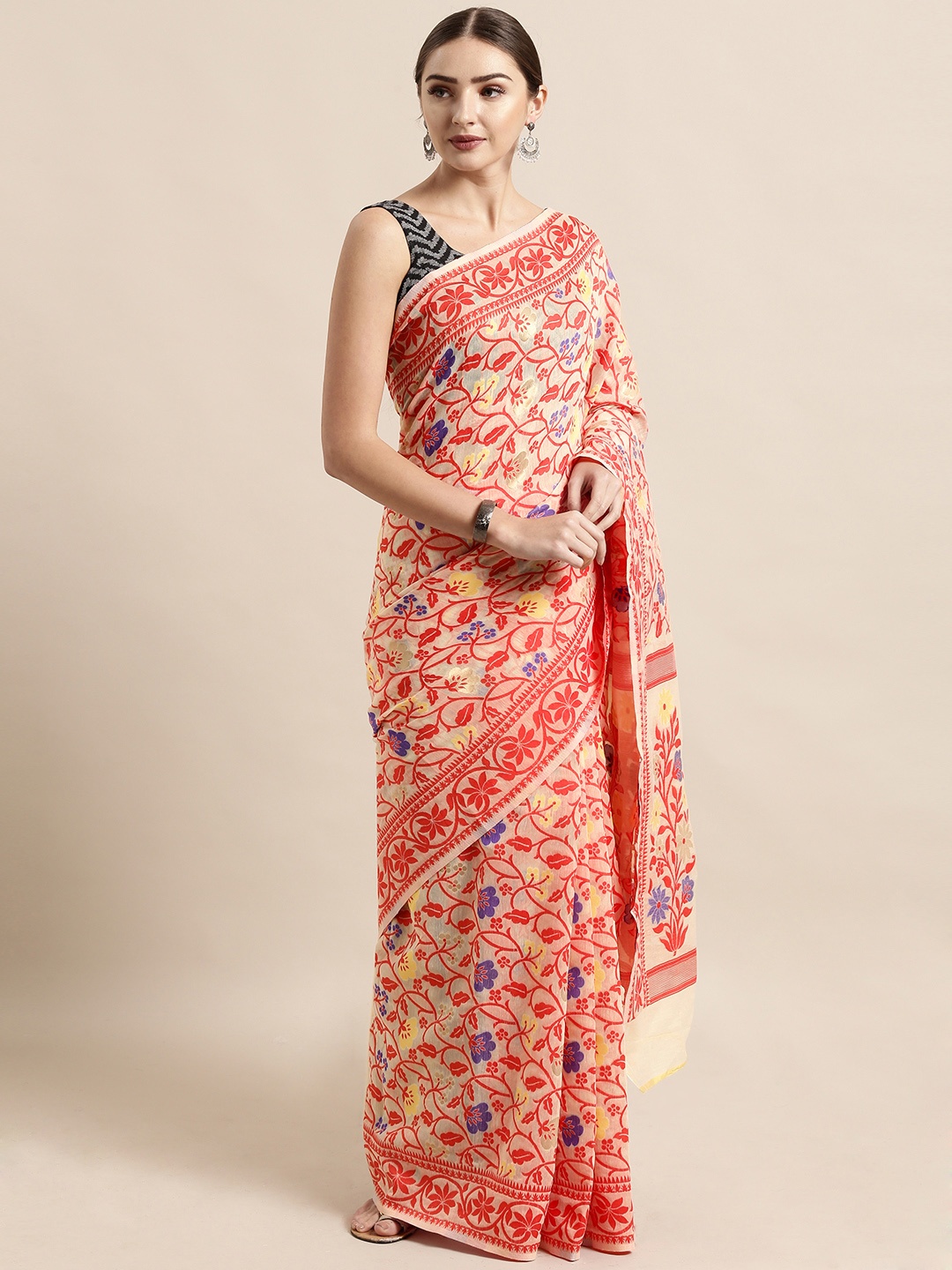 

VASTRANAND Cream-Coloured & Red Silk Cotton Woven Design Jamdani Saree