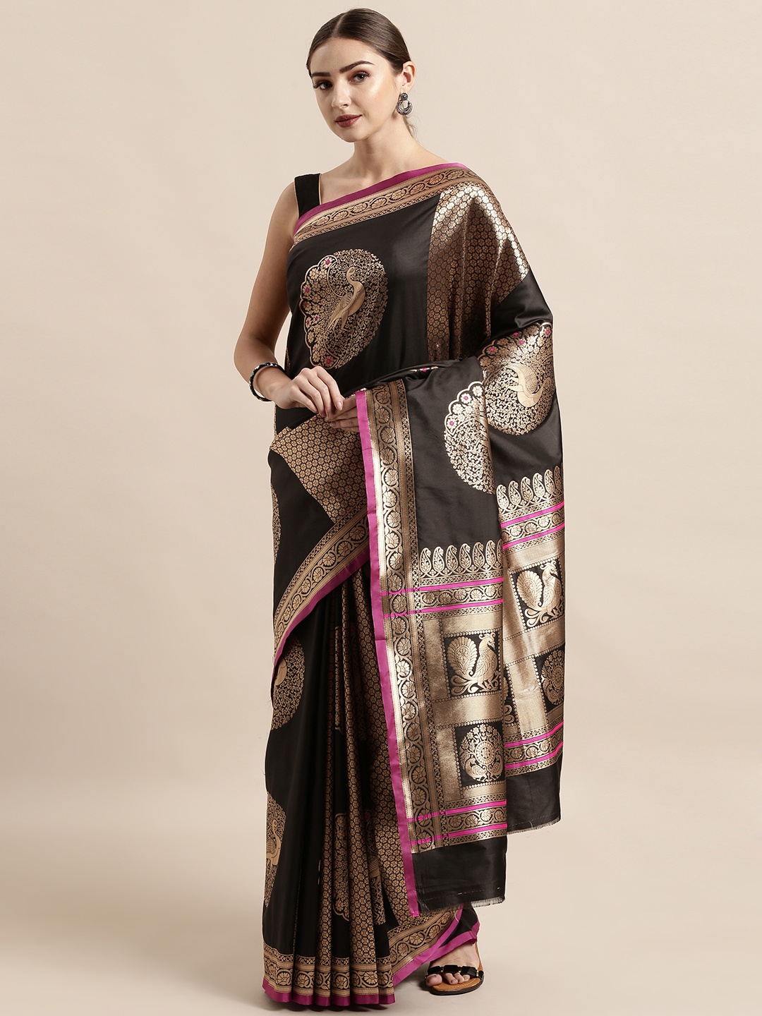 

VASTRANAND Coffee Brown & Gold-Toned Silk Blend Woven Design Banarasi Saree