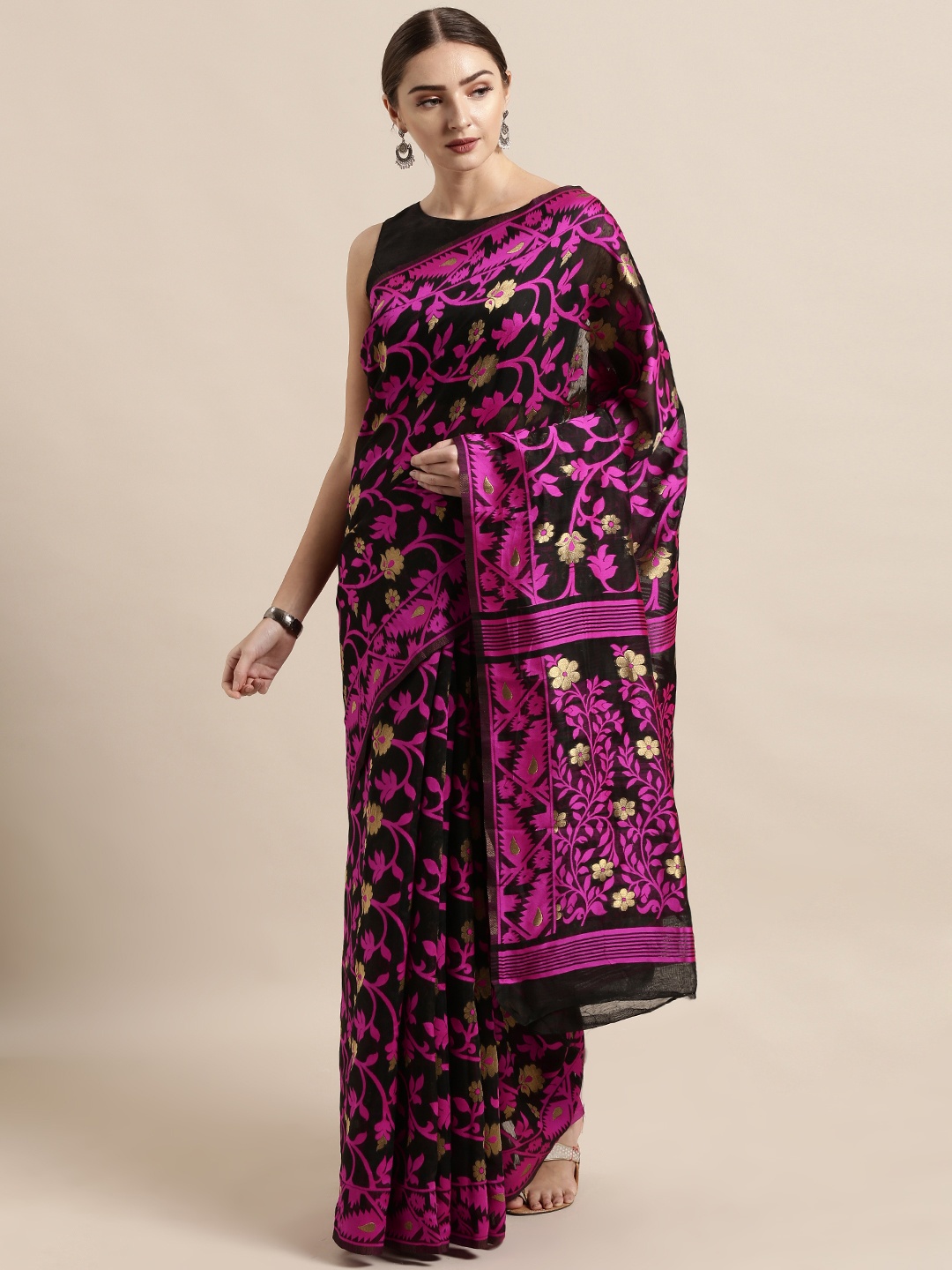 

VASTRANAND Black & Pink Silk Cotton Woven Design Jamdani Saree