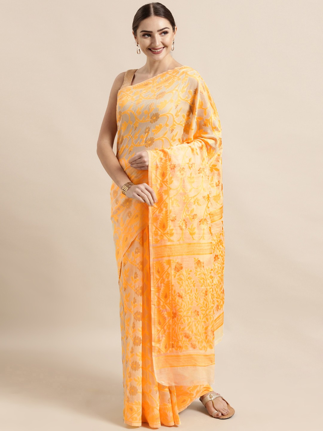 

VASTRANAND Cream-Coloured & Yellow Silk Cotton Woven Design Jamdani Saree
