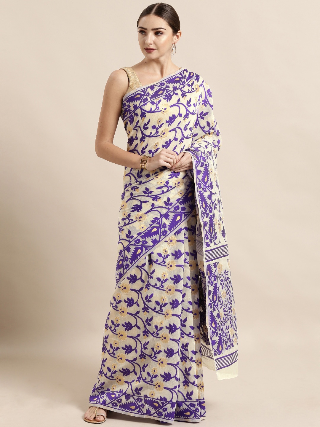 

VASTRANAND Cream-Coloured & Purple Silk Cotton Woven Design Jamdani Saree