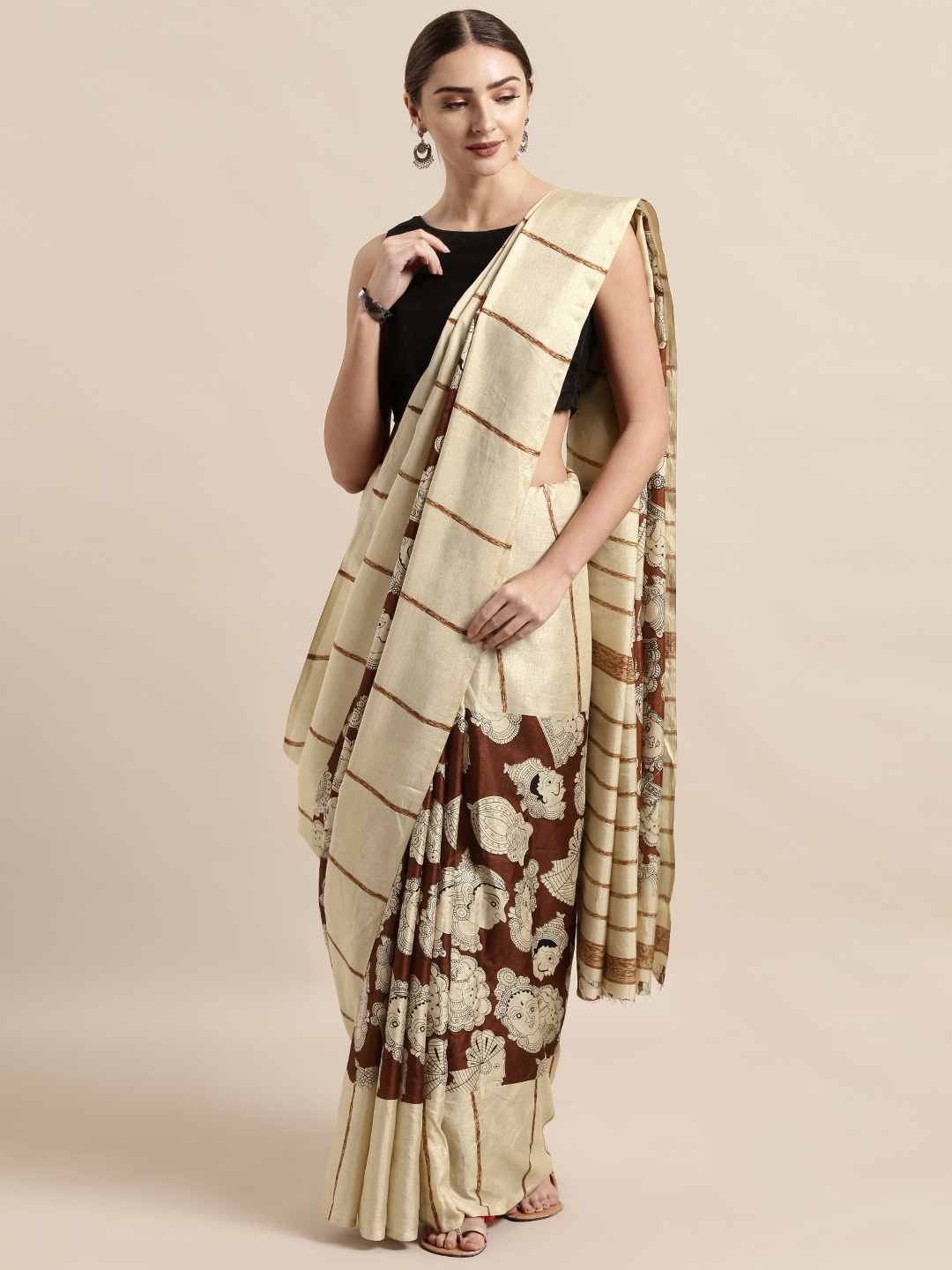 

VASTRANAND Cream-Coloured & Maroon Linen Blend Printed Chanderi Saree