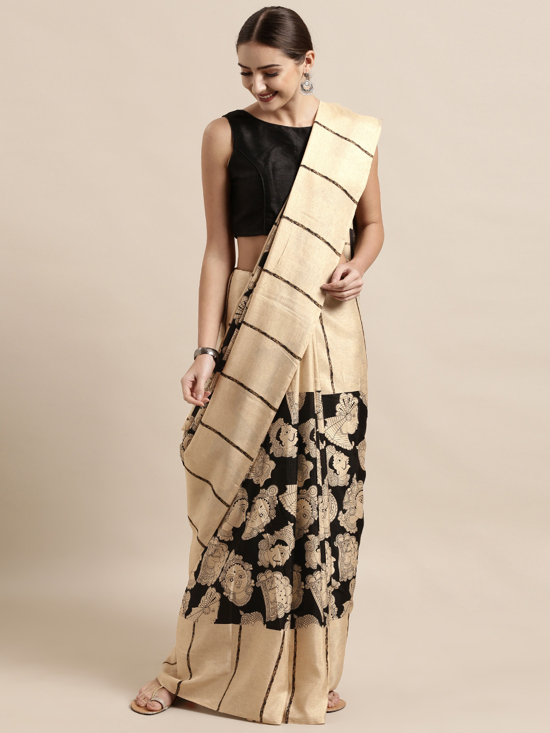 

VASTRANAND Cream-Coloured & Black Linen Blend Printed Chanderi Saree