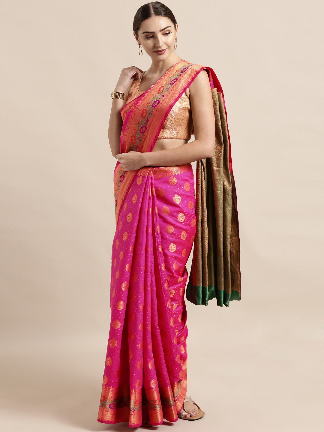 

VASTRANAND Pink & Gold-Toned Silk Blend Woven Design Banarasi Saree