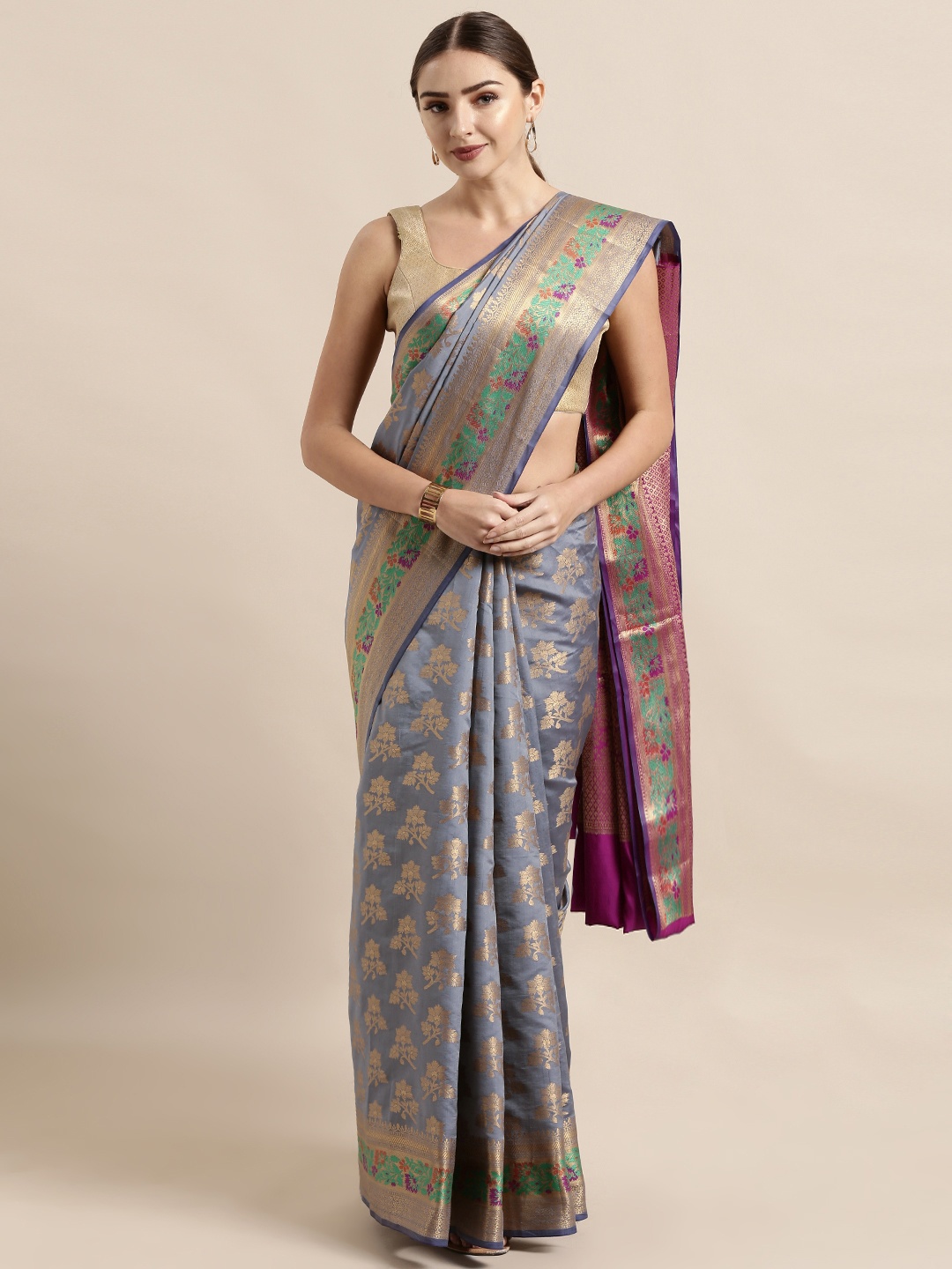 

VASTRANAND Grey Silk Blend Woven Design Banarasi Saree