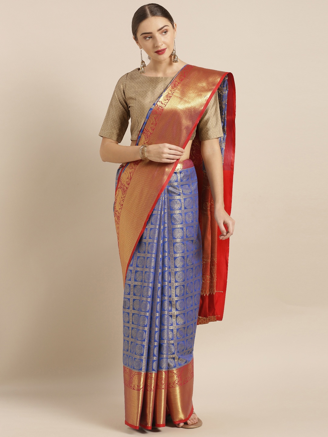 

VASTRANAND Blue Silk Blend Woven Design Kanjeevaram Saree