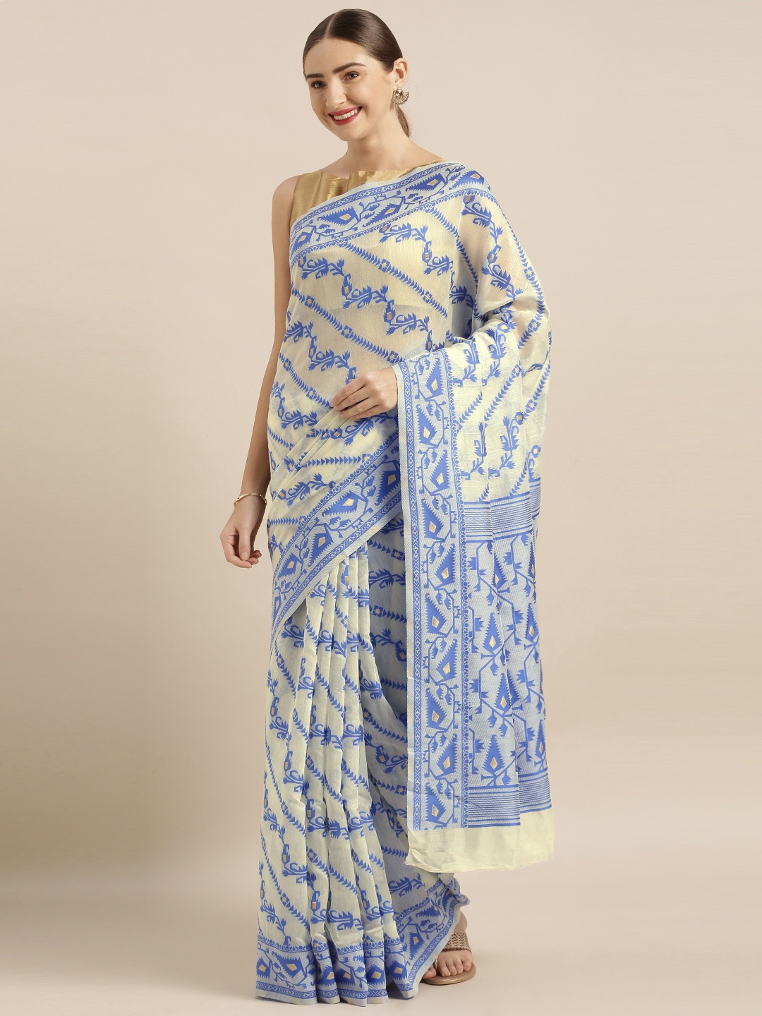 

VASTRANAND Cream-Coloured & Blue Silk Cotton Woven Design Jamdani Saree