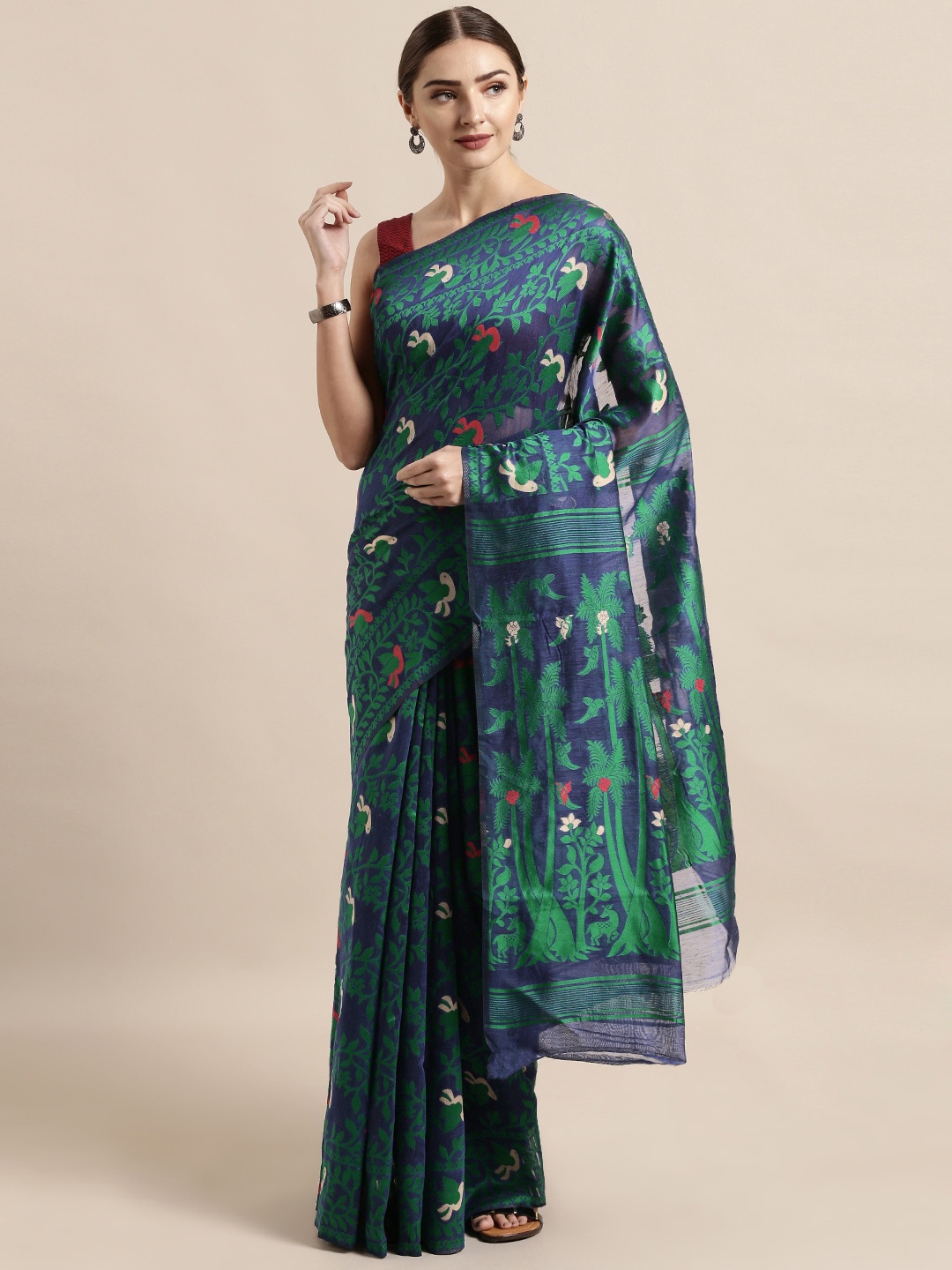 

VASTRANAND Navy Blue & Green Silk Cotton Woven Design Jamdani Saree