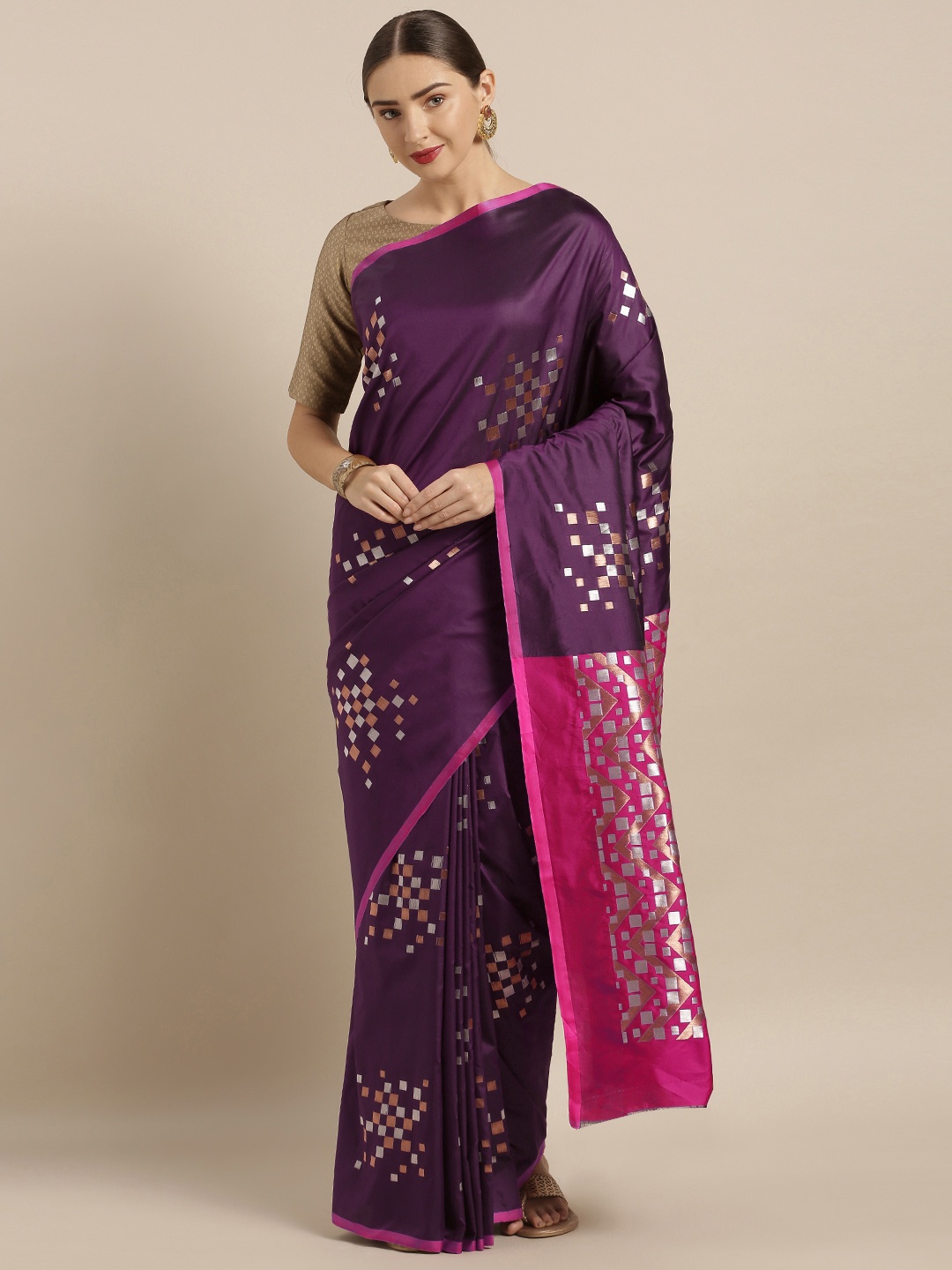 

VASTRANAND Purple & Silver-Toned Silk Blend Woven Design Banarasi Saree