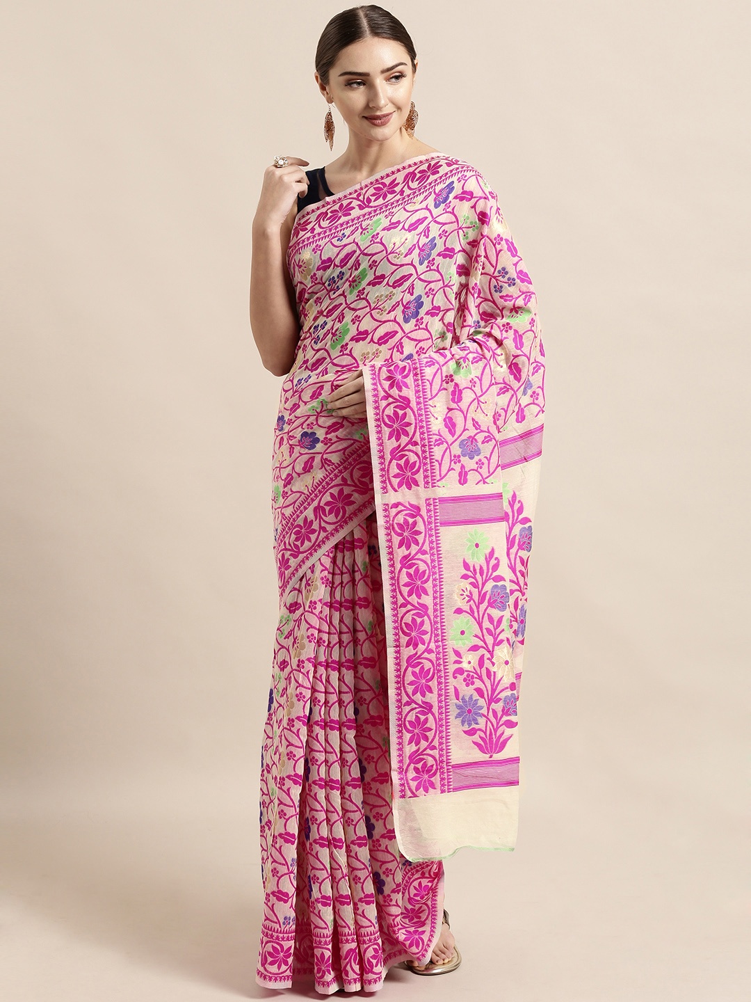 

VASTRANAND Cream-Coloured & Pink Silk Cotton Woven Design Jamdani Saree