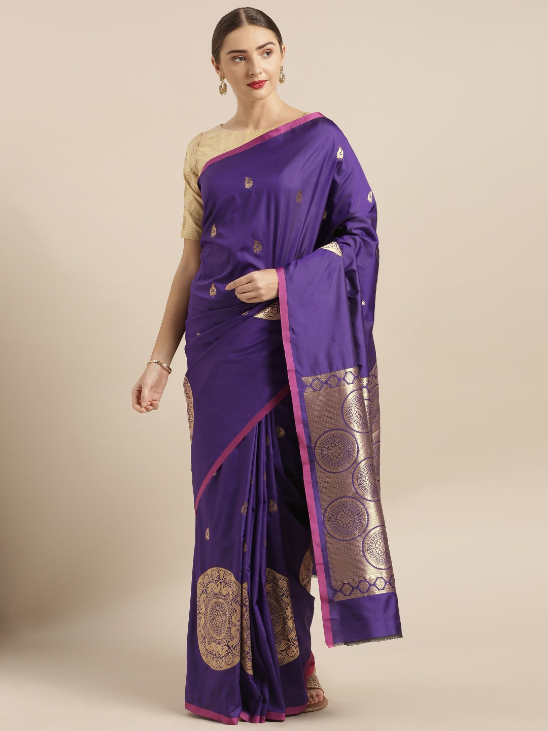 

VASTRANAND Purple & Gold-Toned Silk Blend Woven Design Banarasi Saree