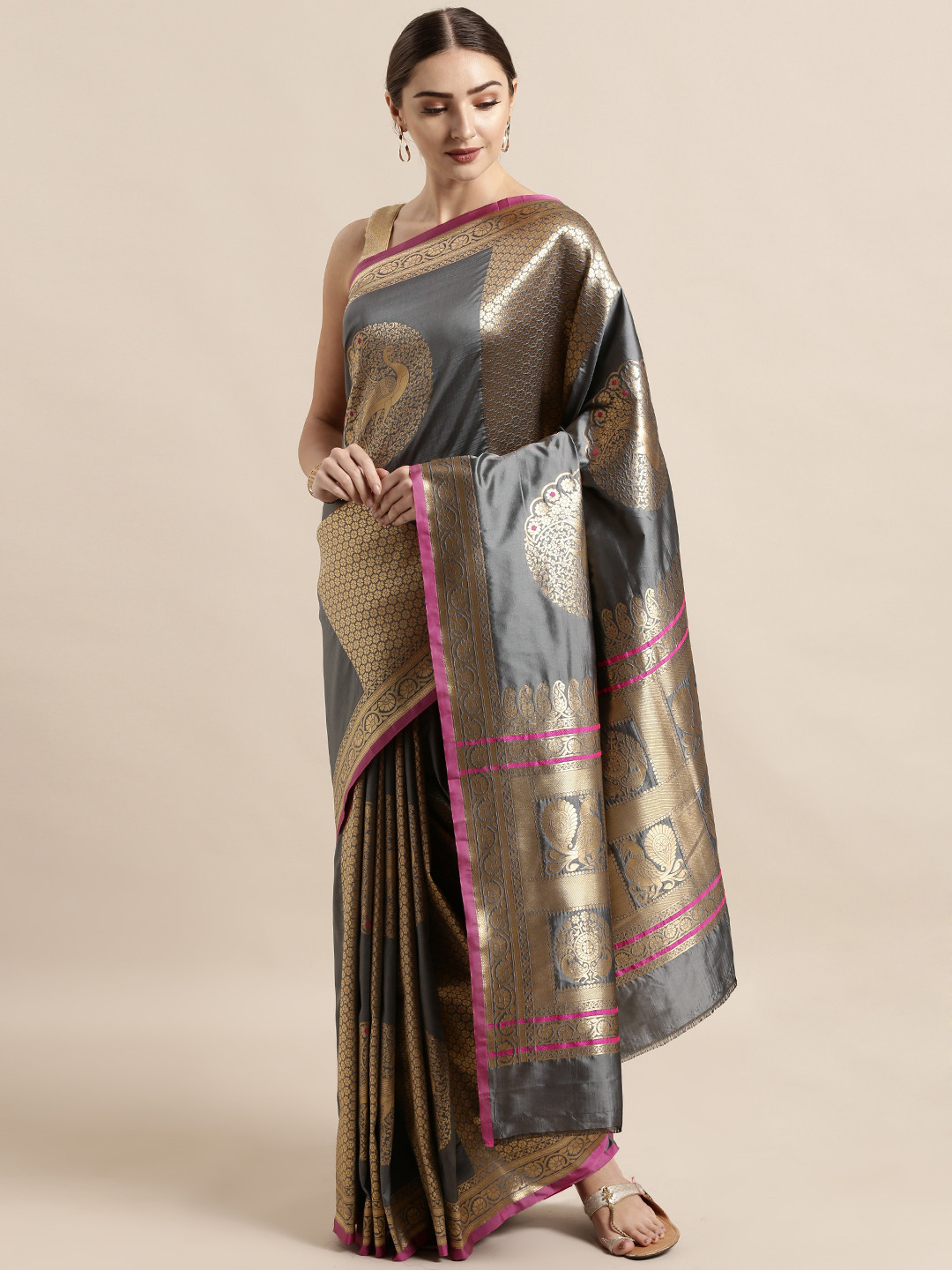 

VASTRANAND Grey Silk Blend Woven Design Banarasi Saree
