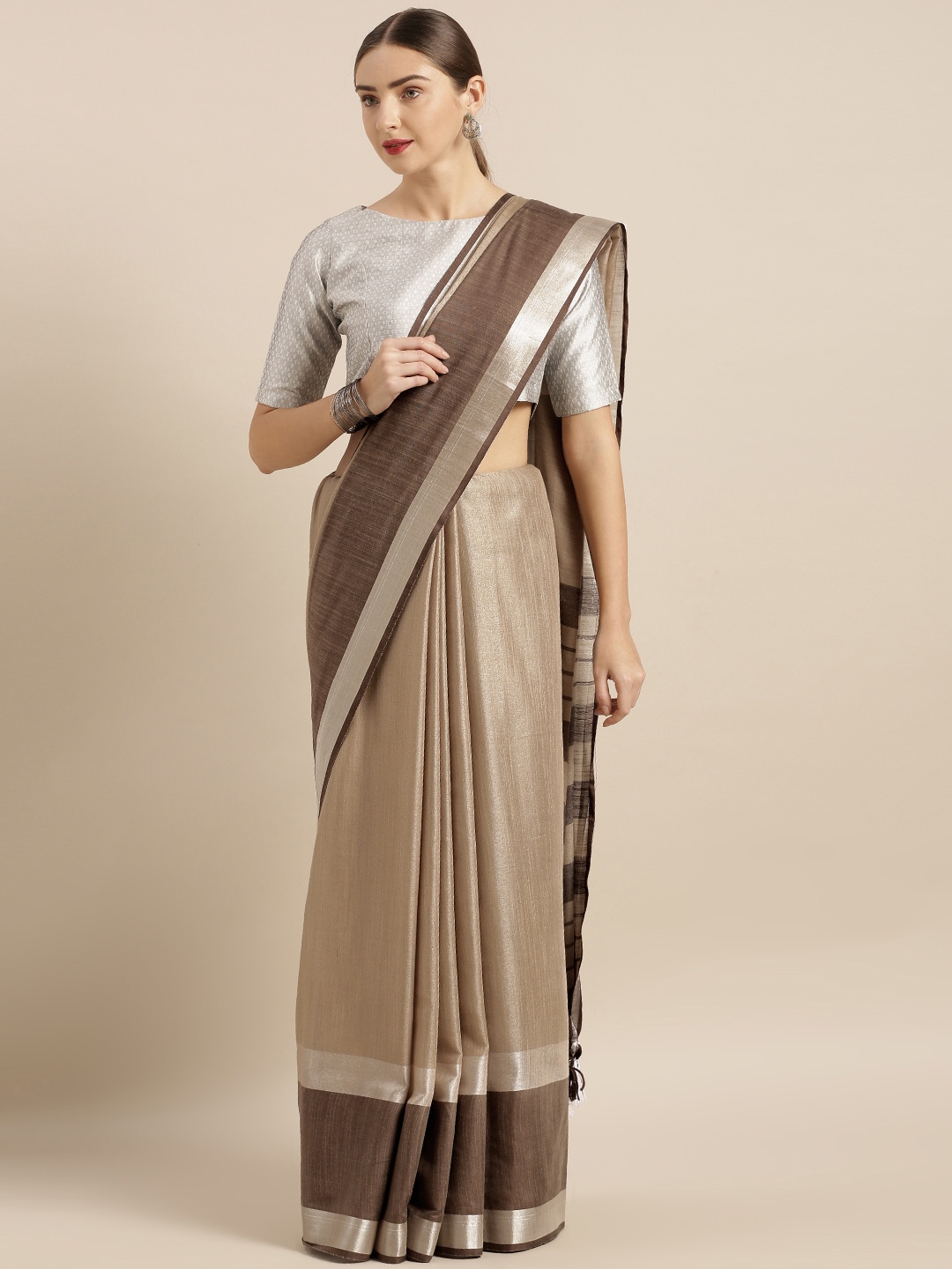 

VASTRANAND Khaki Solid Linen Blend Saree
