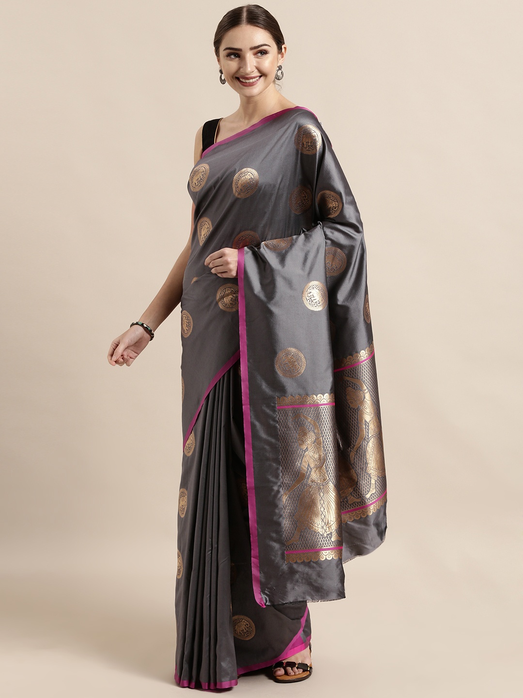 

VASTRANAND Grey & Gold-Toned Silk Blend Woven Design Banarasi Saree