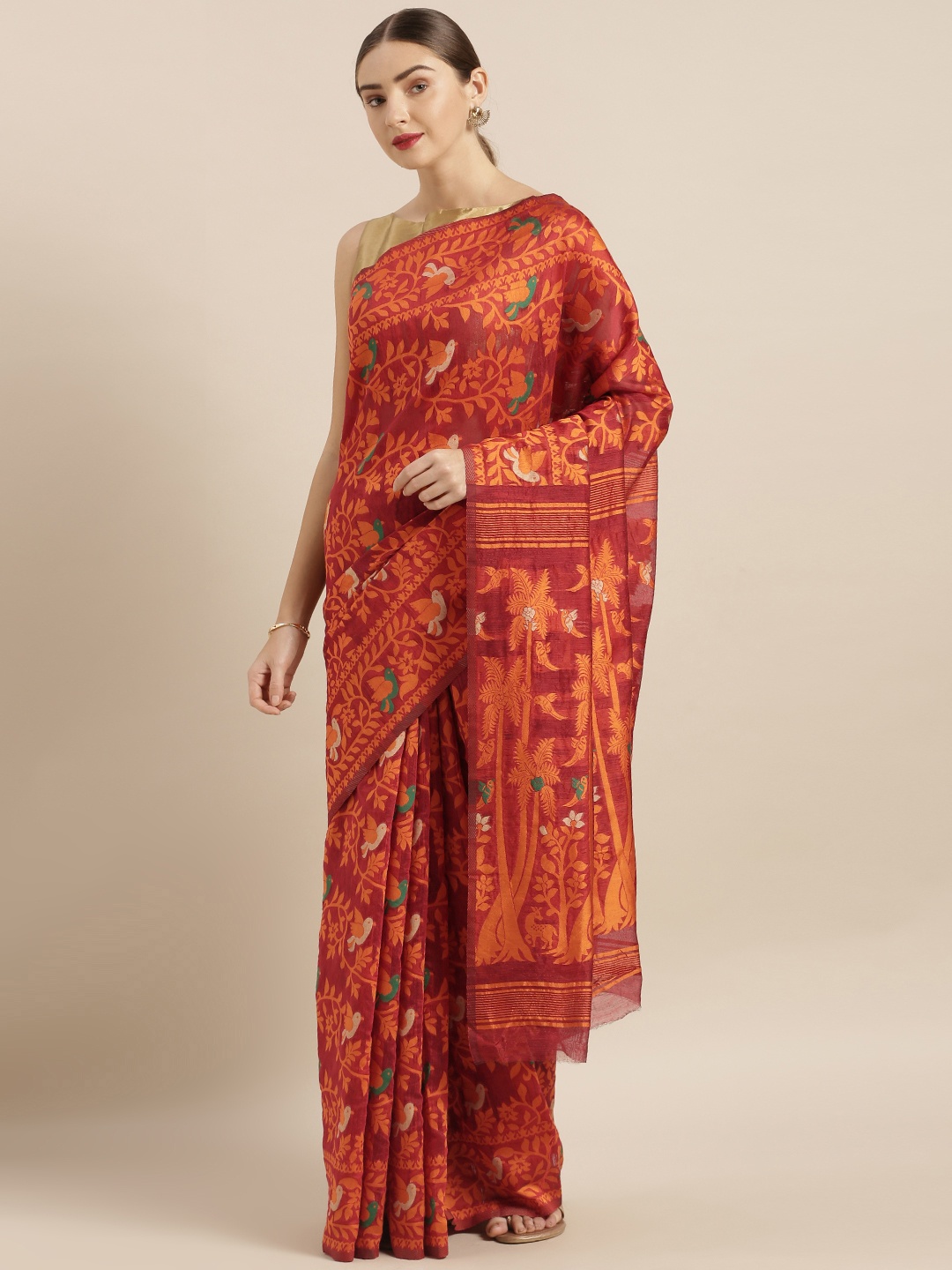 

VASTRANAND Maroon & Orange Silk Cotton Woven Design Jamdani Saree