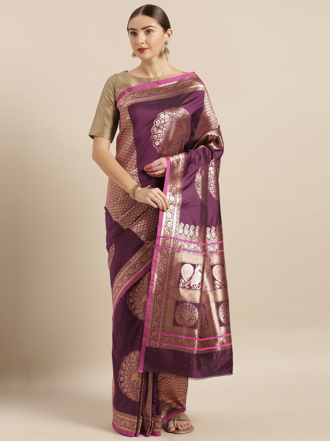 

VASTRANAND Burgundy & Gold-Toned Silk Blend Woven Design Banarasi Saree