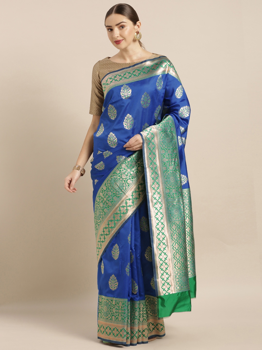 

VASTRANAND Blue & Gold-Toned Silk Blend Woven Design Banarasi Saree