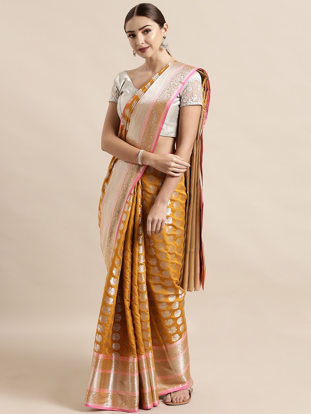 

VASTRANAND Mustard Yellow Silk Blend Woven Design Kanjeevaram Saree