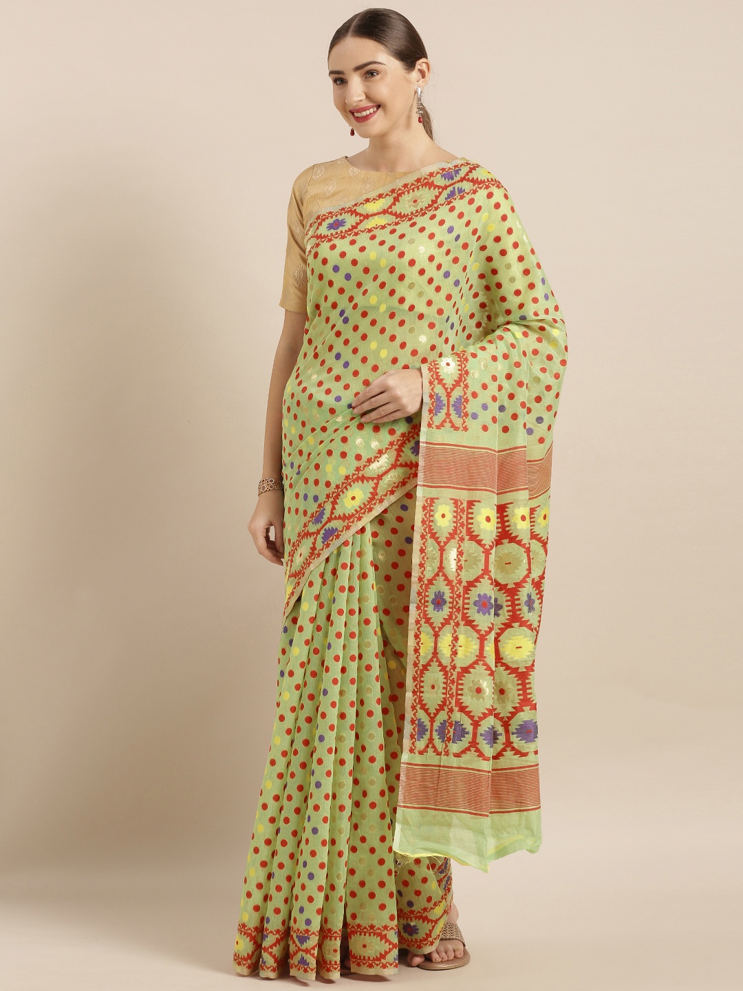 

VASTRANAND Green Silk Cotton Woven Design Jamdani Saree