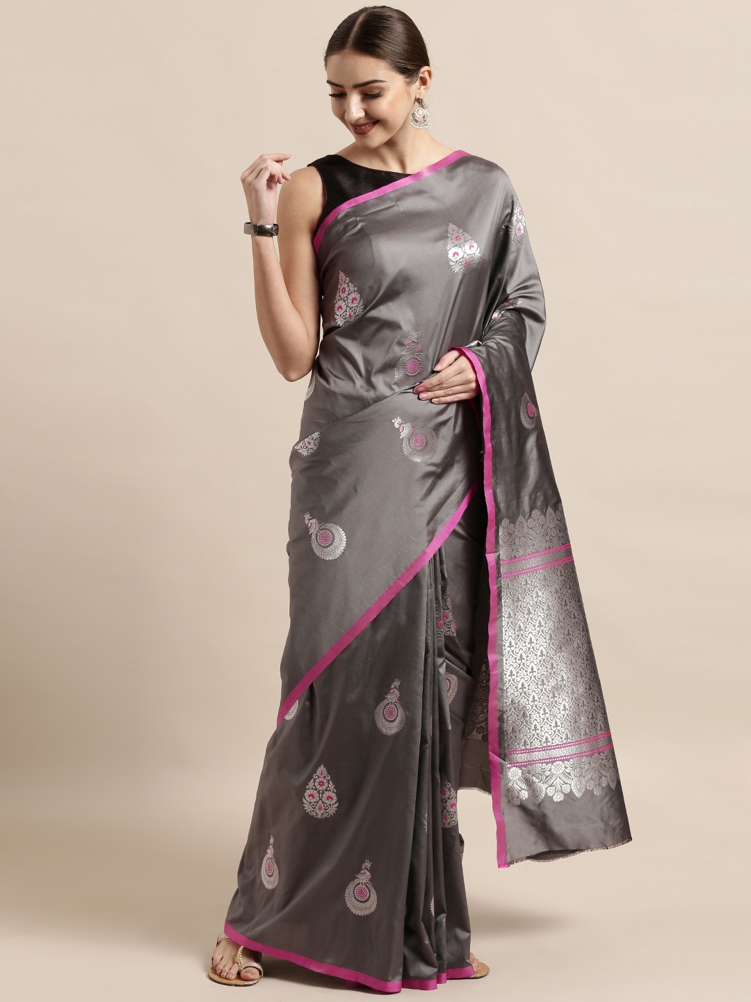 

VASTRANAND Grey Silk Blend Woven Design Banarasi Saree